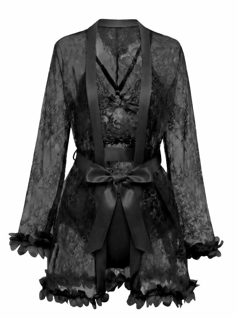 Schwarz 1970er Spitze Transparent Blüten Rüschen Besatz Dessous Set