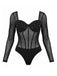 Schwarzer, transparenter Body mit langen Ärmeln und glitzernden Details auf weißem Hintergrund