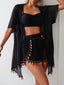 4PCS Schwarz 1970er Boho Streifen Bikini & Fransen Cover-Up Set