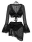 Schwarzes 70er Neckholder-Bikini-Set & transparentes Cover-Up mit Glockenärmeln