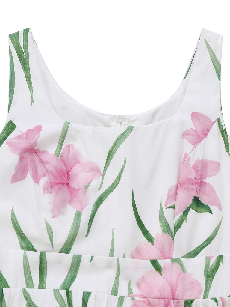 Weiß 1930er U-Ausschnitt Blumen Ärmellos Maxi Kleid