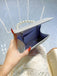 Hand hält eine silberne Clutch mit Perlmuttgriff vor hellblauem Hintergrund