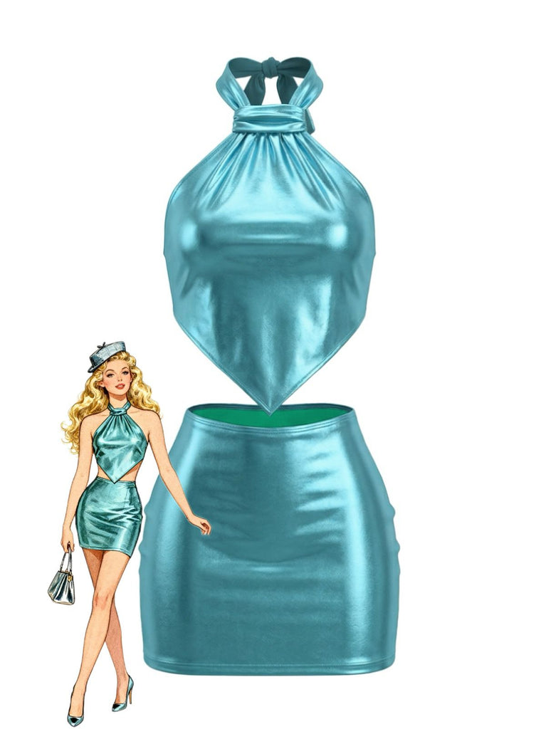 Türkis 1980er Metallic Halter Rückenbindung Mini Kleid