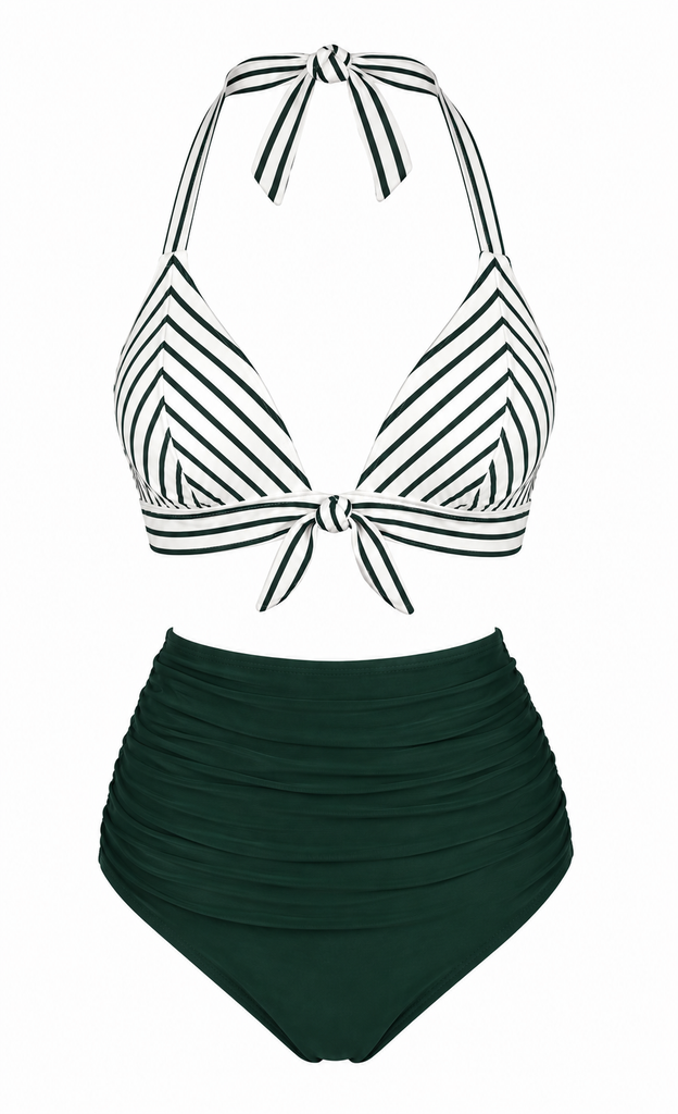Grün 50er Bikini-Set & Shorts mit Neckholder und Raffung