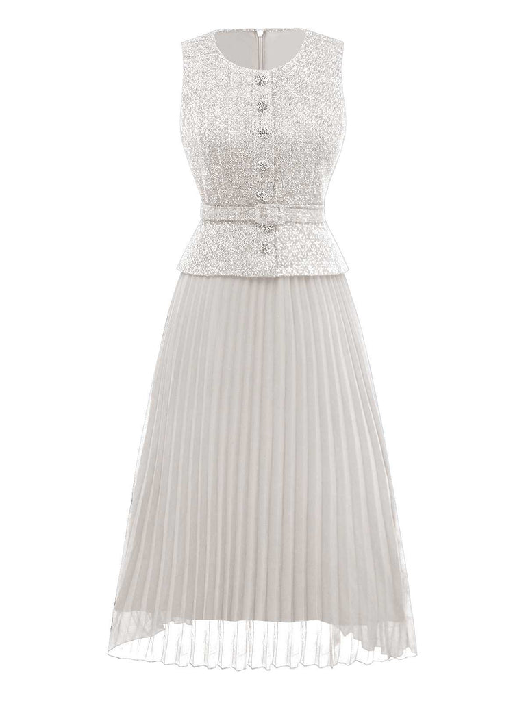1960er Perle Taste Gürtel Ärmellos Plissiertes Kleid