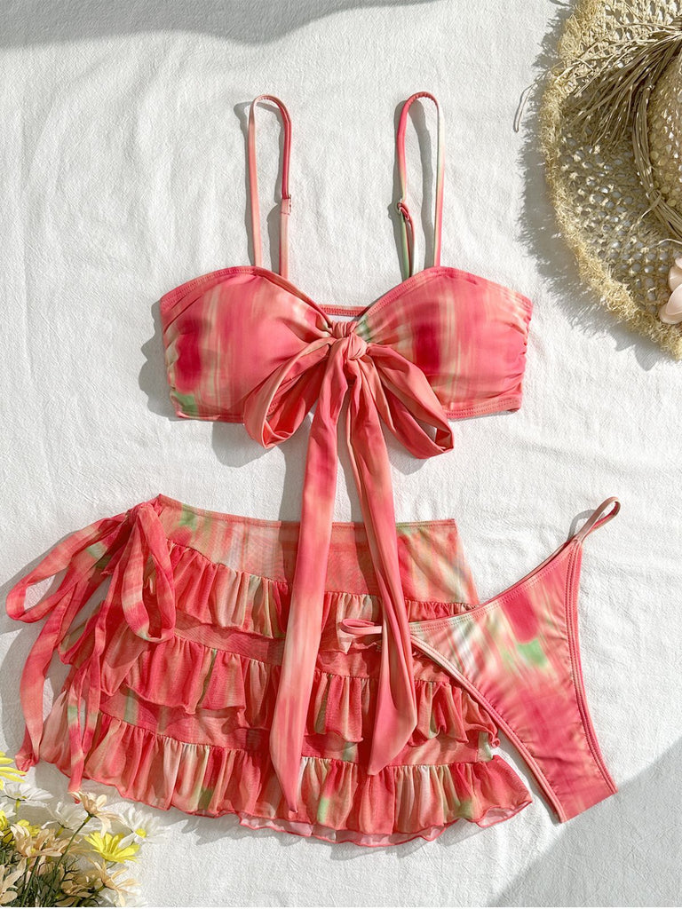 Rotes 60er Bikini-Set & Cover-Up mit Rüschen und gestuft