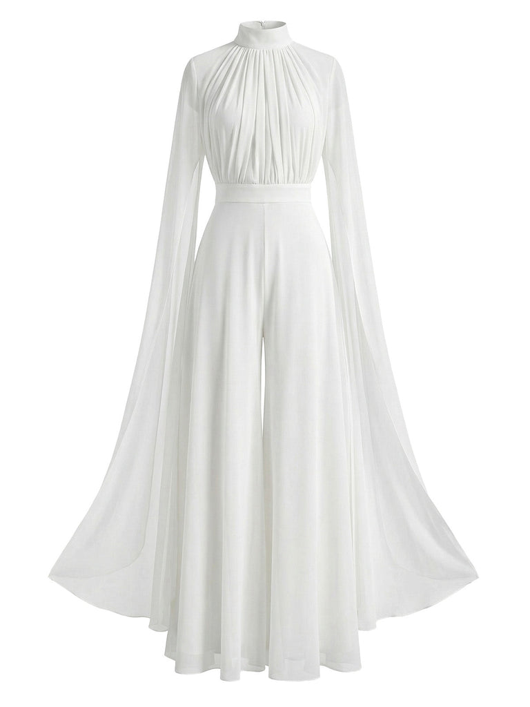 1930er Satin Langarm Rüschen Saum Gerafft Jumpsuit