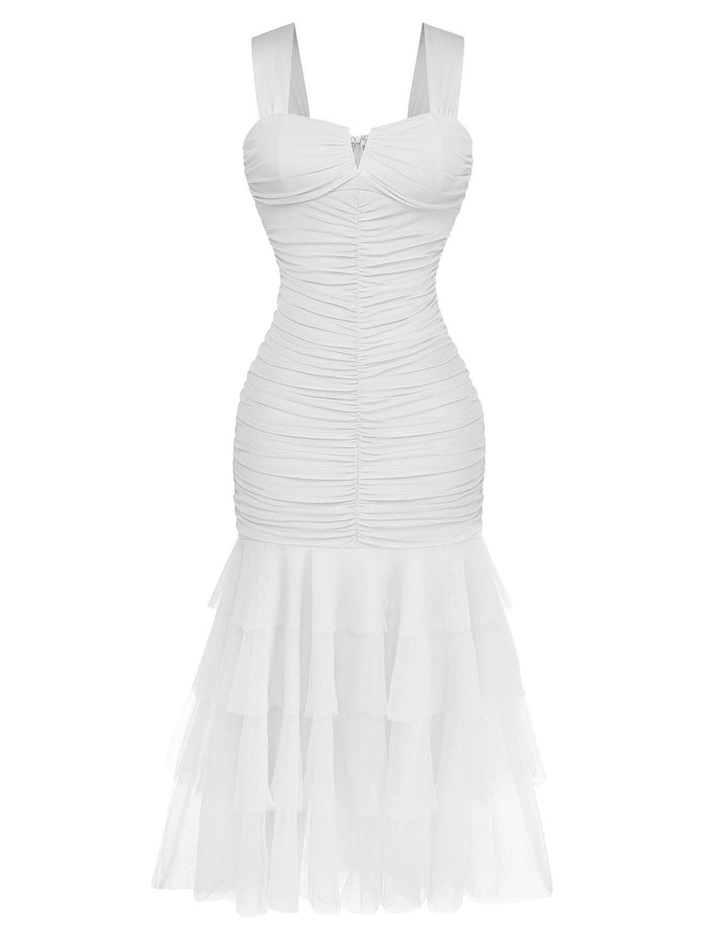 Weiß 1930er Solide Netz Patchwork Gerafft Enges Kleid