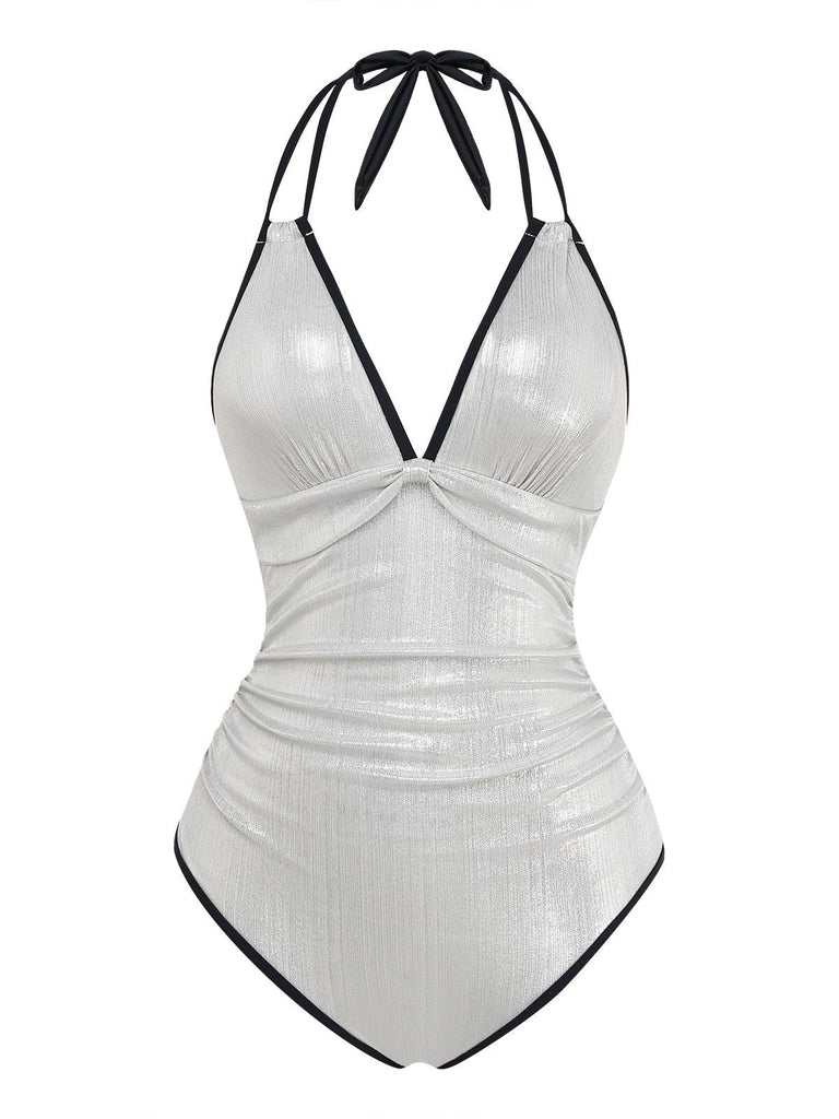 Weiß 1950er Metallic Schimmernd Riemchen Halter Einteiliger Badeanzug