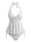 Weiß 1950er Strukturiert Blumen Halter Tiefer V Tankini Set