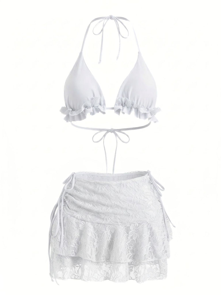 Weiß 1960er Rüschen Halter Bikini Set & Blumen Spitze Cover-Up