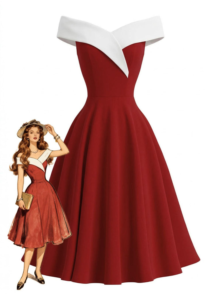 Rotes schulterfreies Kleid mit weißem Oberteil auf weißem Hintergrund