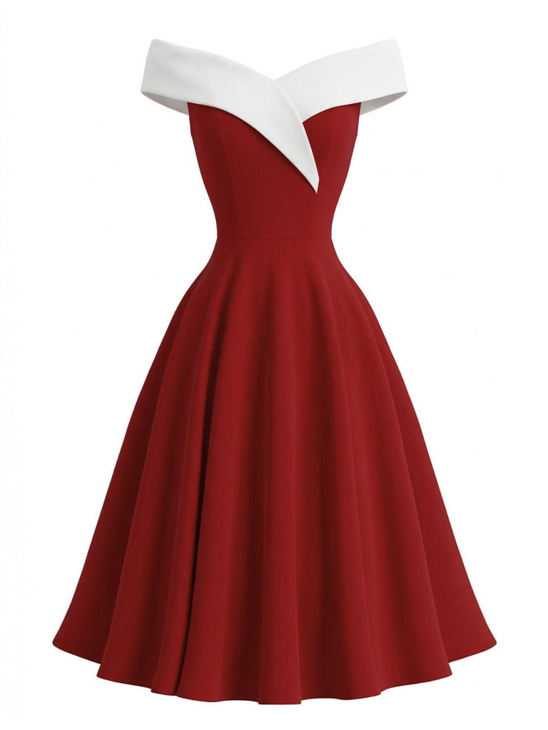 Rotes Kleid mit weißem schulterfreiem Oberteil auf weißem Hintergrund