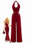 Weinrot 1970er Tief V-Ausschnitt Cut-Out Metall Schnalle Jumpsuit