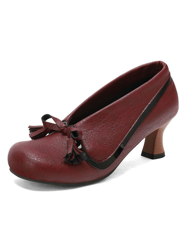 Weinrot Retro Bogen PU Rundspitze Blockabsatz Schuhe