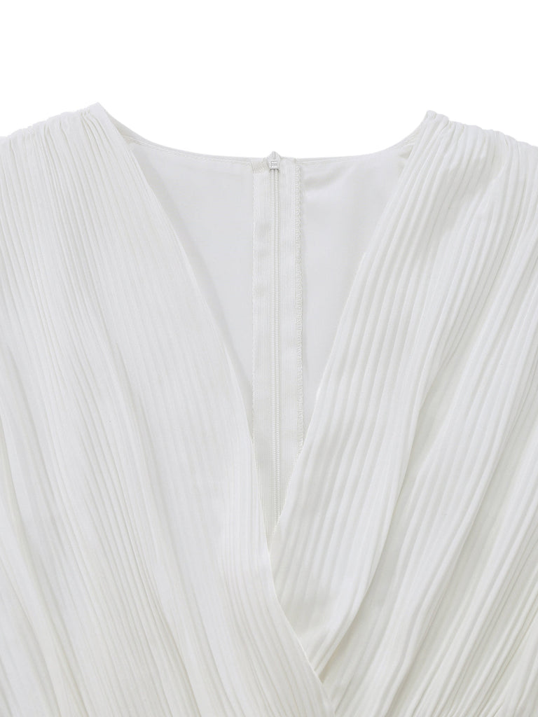 Weißes Kleid aus den 1930er Jahren mit Aquarell-Blumenmuster, tiefem V-Ausschnitt und Faltenkragen