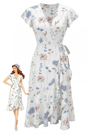 Weißes 40er Wickelkleid mit Flatterärmel und Blumen-Print