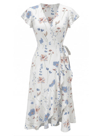 Weißes 40er Wickelkleid mit Flatterärmel und Blumen-Print
