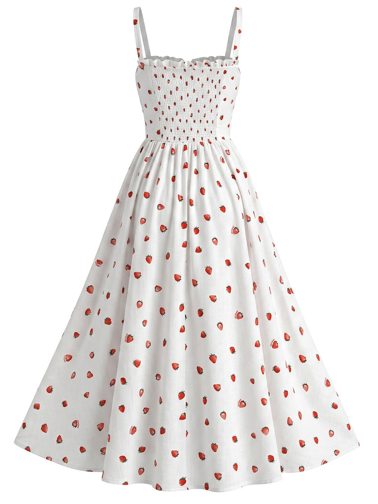 Weißes 40er Kleid mit Träger und Erdbeere