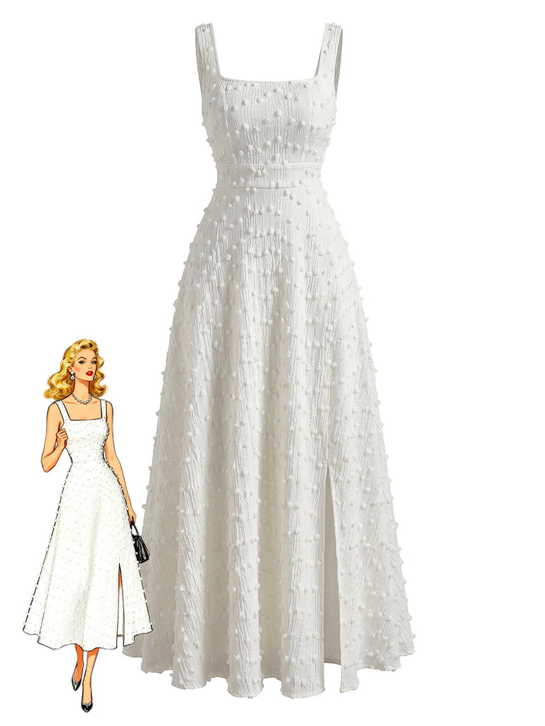Weißes 30er Kleid mit Eckiger Ausschnitt und Swiss-Dots