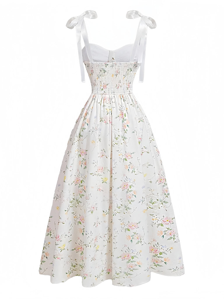 Weißes 40er Smockkleid mit Blumen und Bindeband