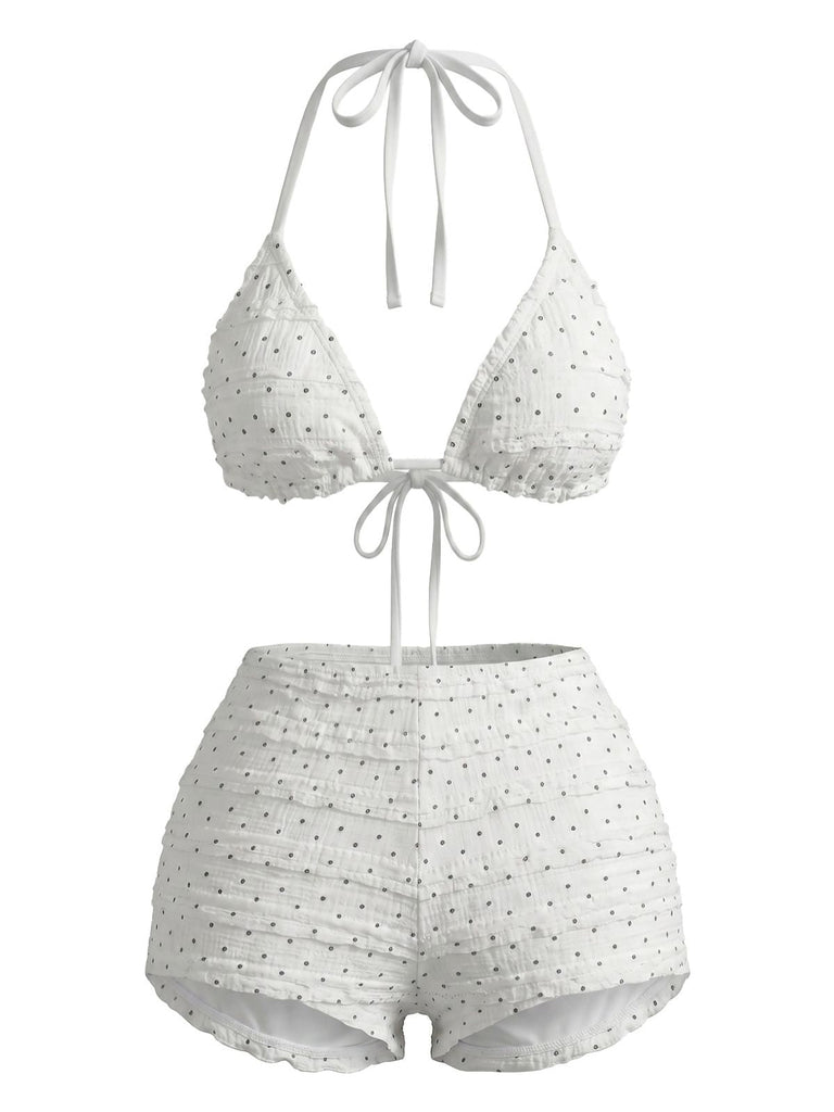 Weißes 50er Bikini-Set mit Polka-Dots und Neckholder
