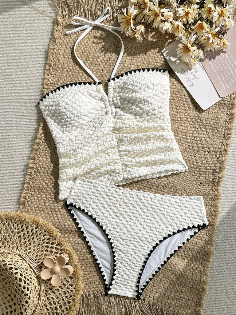 Weißes 50er Trägerloses Tankini-Set mit Neckholder und Struktur