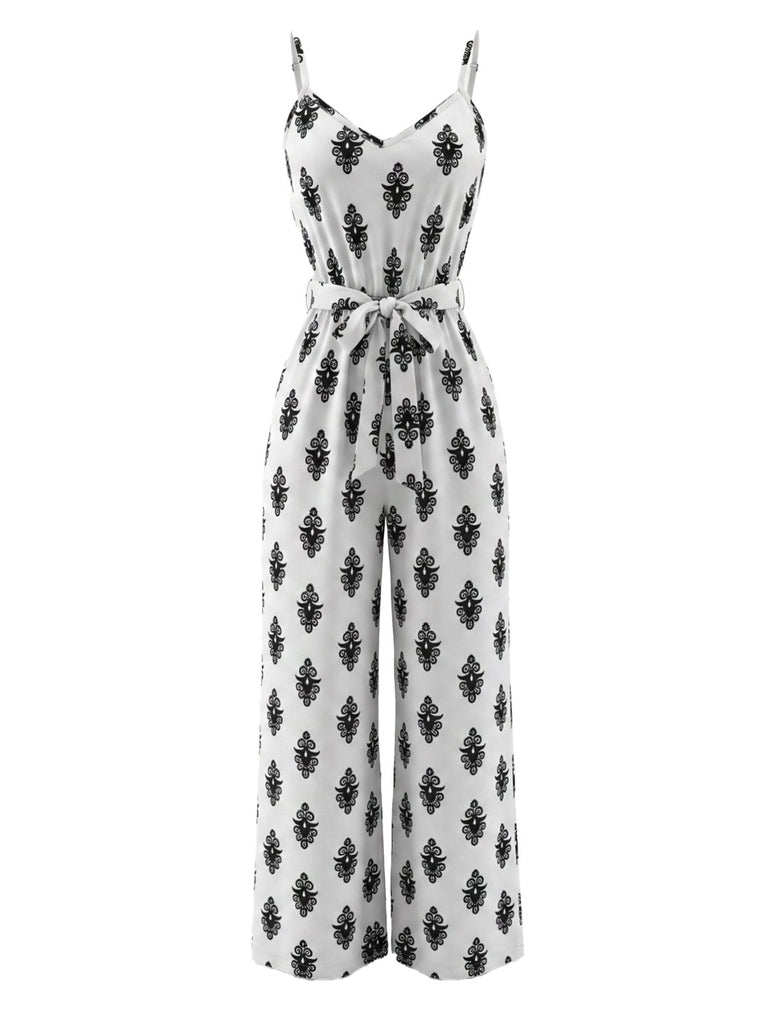 Weißer 70er Jumpsuit mit V-Ausschnitt und Print