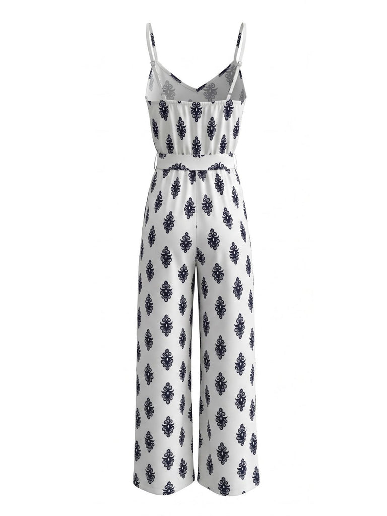 Weißer 70er Jumpsuit mit V-Ausschnitt und Print