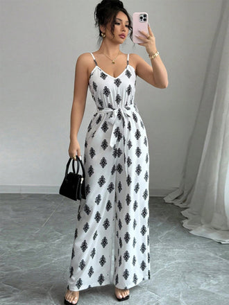 Weißer 70er Jumpsuit mit V-Ausschnitt und Print