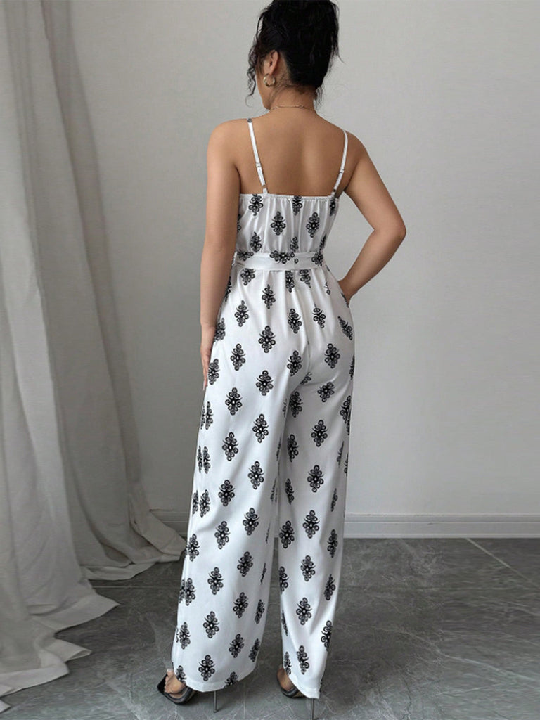 Weißer 70er Jumpsuit mit V-Ausschnitt und Print