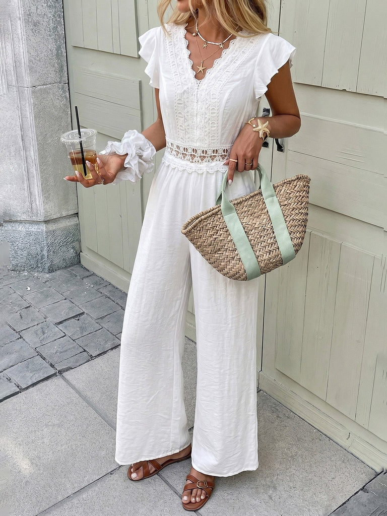 Weißer 50er Jumpsuit mit Flatterärmel und V-Ausschnitt