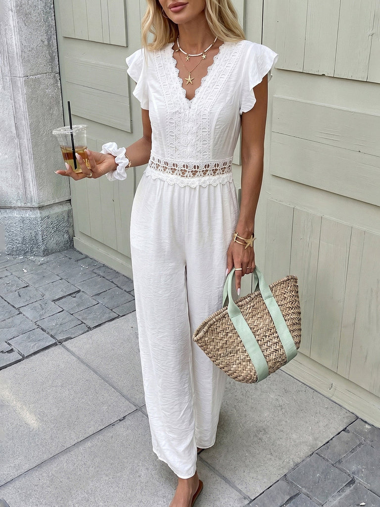 Weißer 50er Jumpsuit mit Flatterärmel und V-Ausschnitt