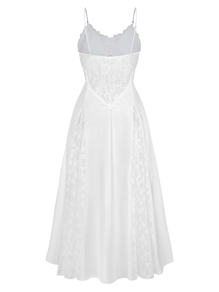Weiß 50er Satin-Nachthemd mit Spitze und Strass