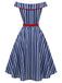 Blaues 50er schulterfreies Swingkleid mit Streifen