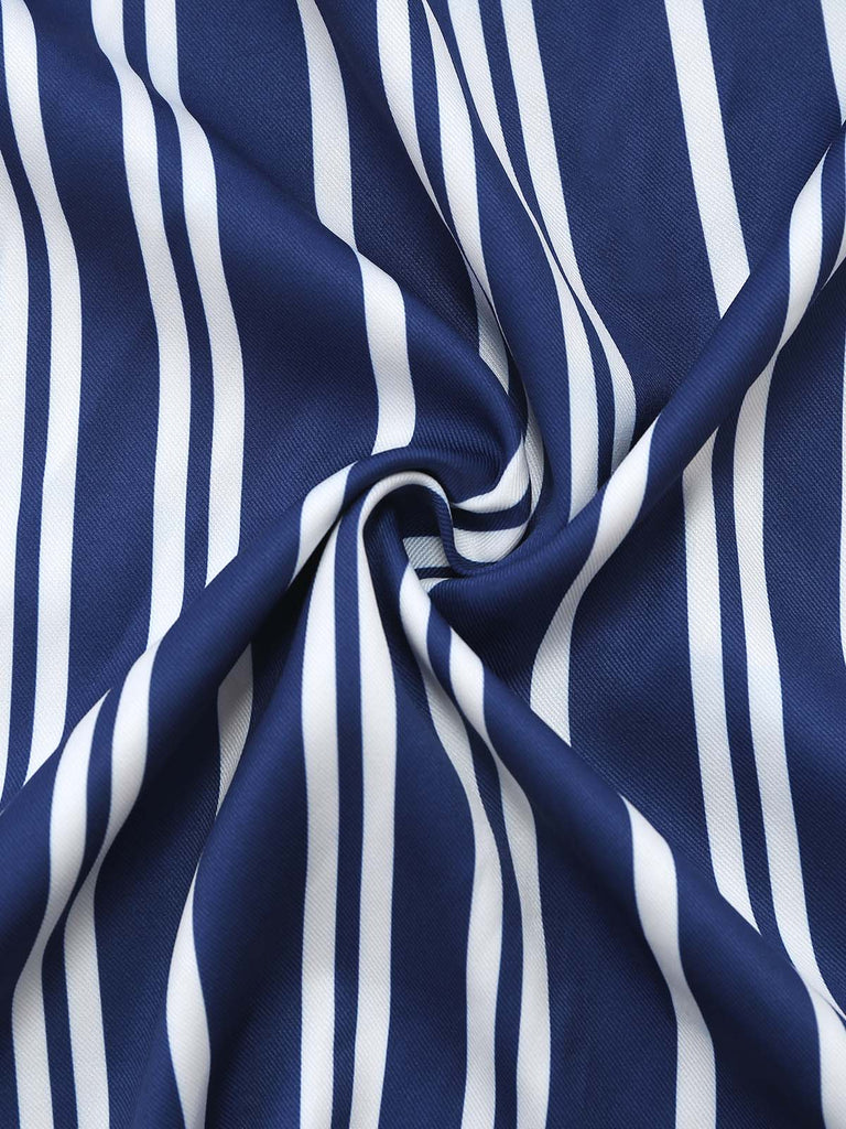 Blaues 50er schulterfreies Swingkleid mit Streifen