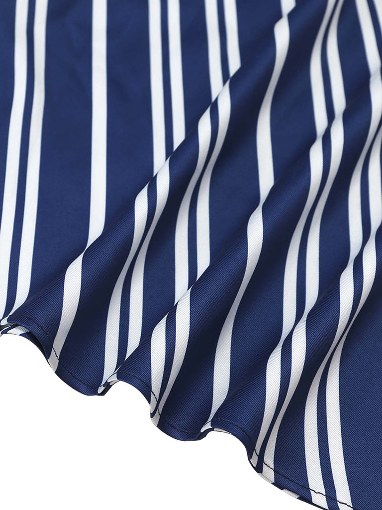 Blaues 50er schulterfreies Swingkleid mit Streifen