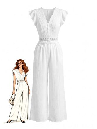 Weißer 50er Jumpsuit mit Flatterärmel und V-Ausschnitt