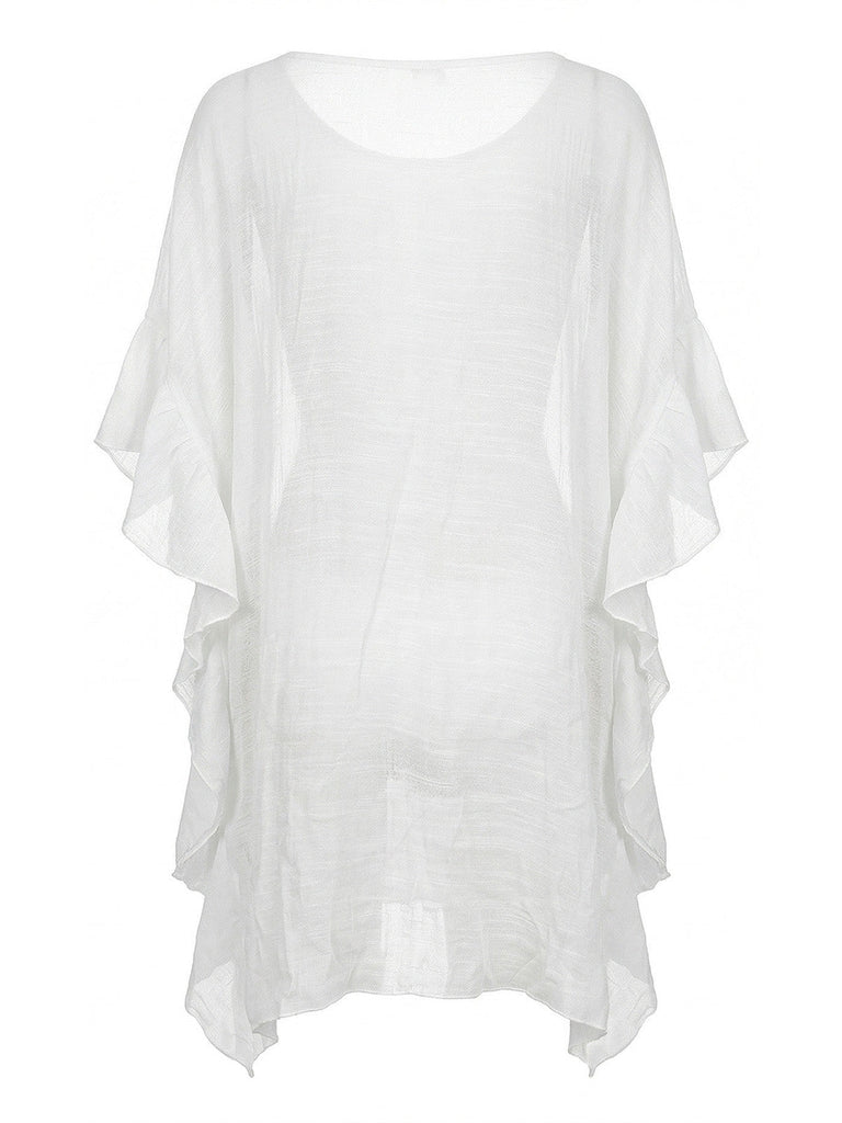 Weißes 60er Beach Cover-Up mit Blumen und Häkelarbeit