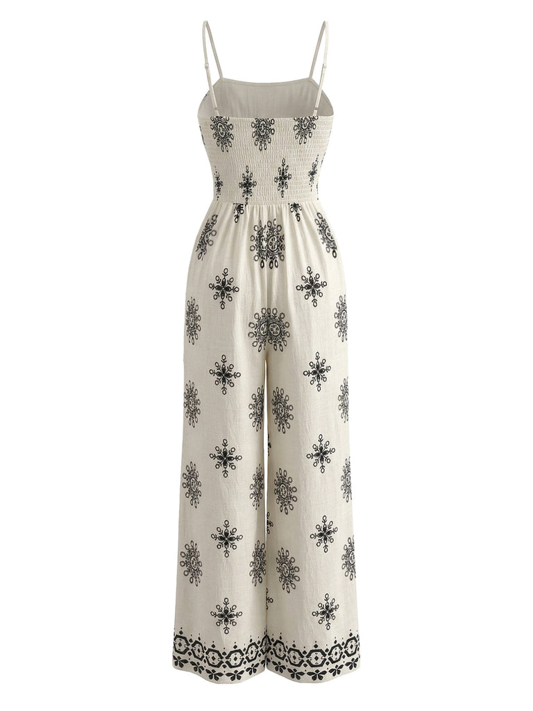 Weißer 70er Bohemian Jumpsuit mit Spaghettiträger und Smok
