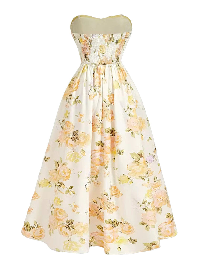 Gelbes 30er Trägerloses Maxikleid mit Blumen