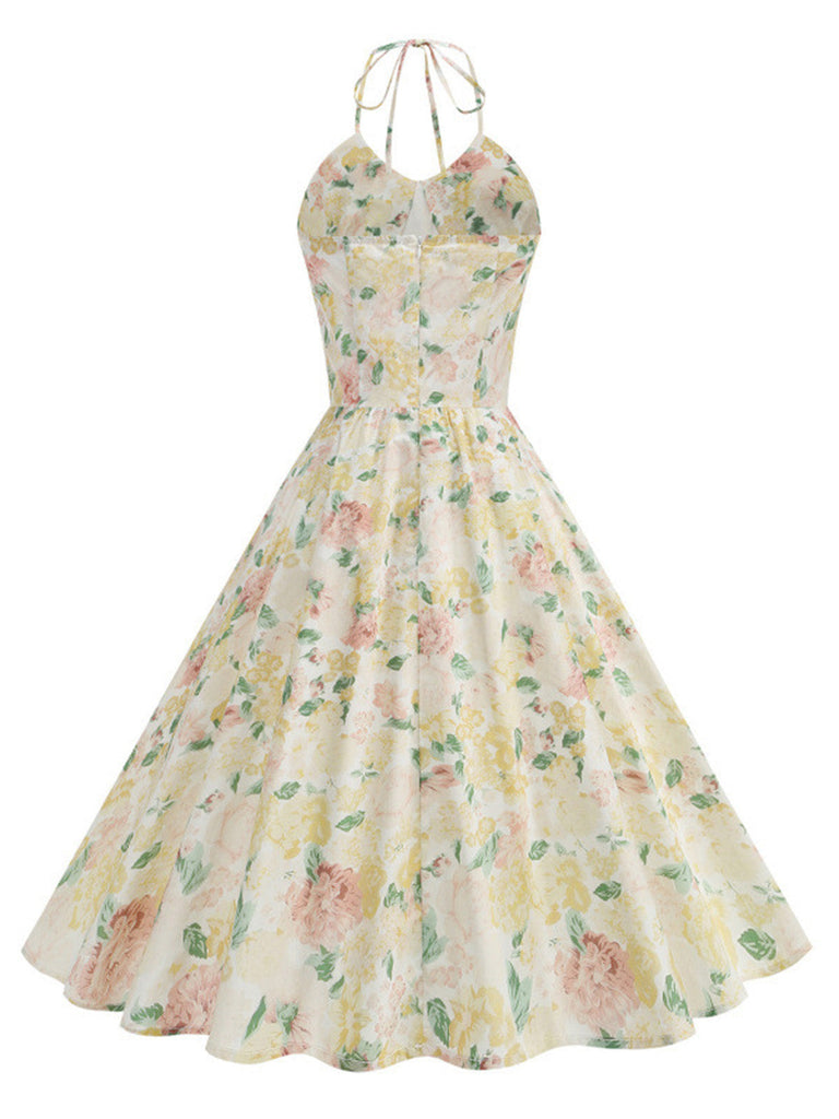50er Baumwoll-Swingkleid mit Neckholder und Blumen