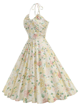 50er Baumwoll-Swingkleid mit Neckholder und Blumen