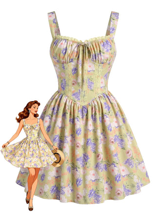 Gelbes 50er Minikleid mit Blumen und Patchwork