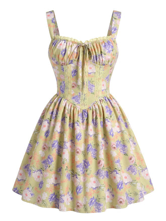 Gelbes 50er Minikleid mit Blumen und Patchwork