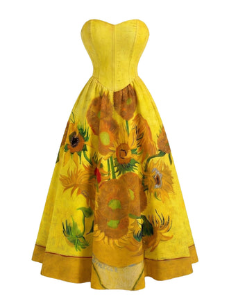 Gelbes 50er Trägerloses Swingkleid mit Sonnenblumen und Print