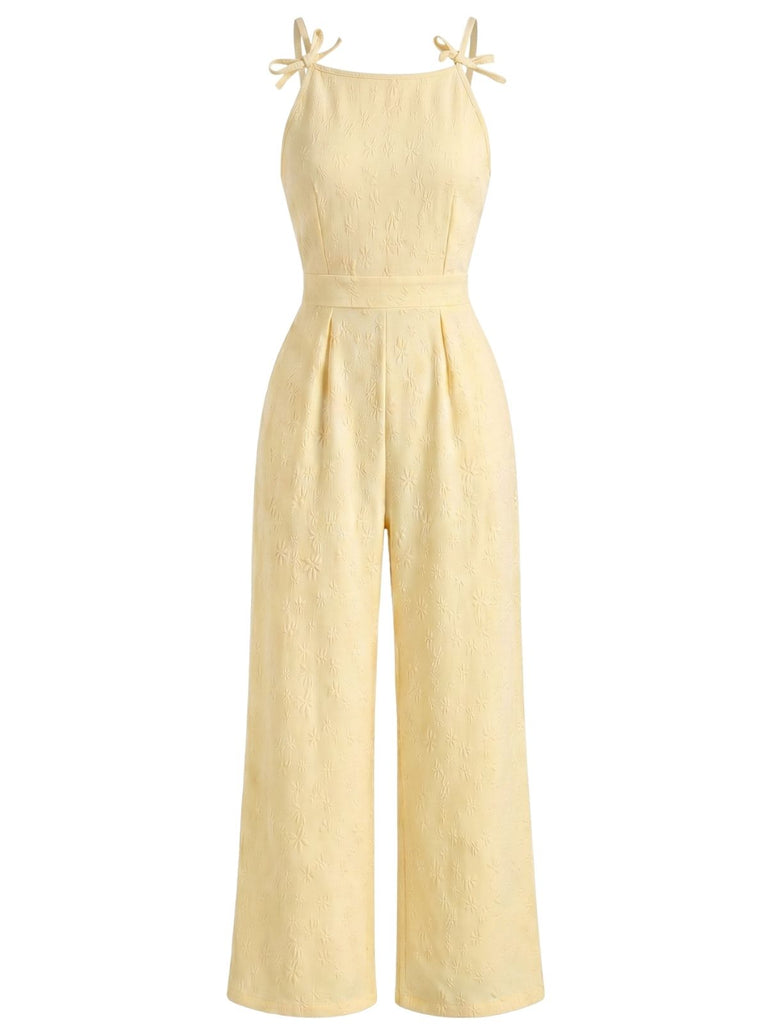 Gelber 50er Jacquard-Jumpsuit mit Blumen und Bindeband
