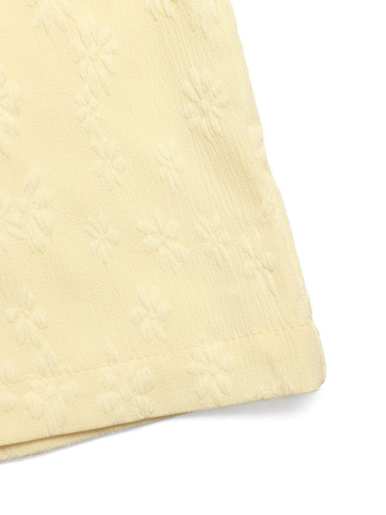 Gelber 50er Jacquard-Jumpsuit mit Blumen und Bindeband