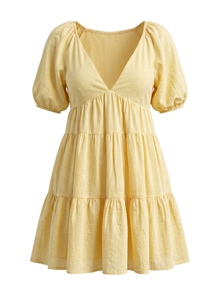 Gelbes 50er Kleid mit Puffärmel und V-Ausschnitt