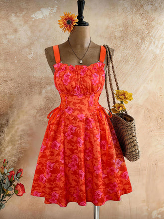 50er Vintage Swingkleid mit Blumen und Schnürung